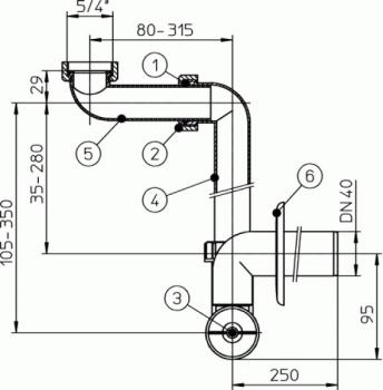 Raumspar-Waschtisch-Möbelsiphon DN40x5/4" HL137/40